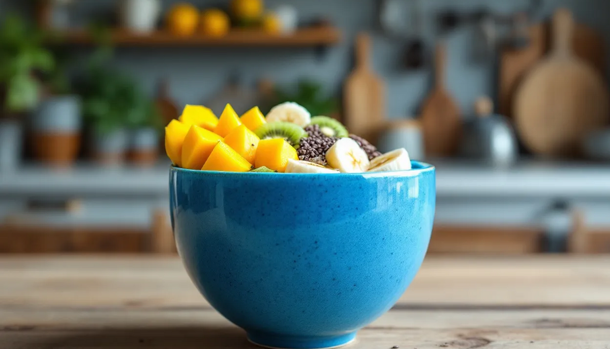 Blue bowl filled with a colorful fruit salad on a wooden table in a kitchen setting.