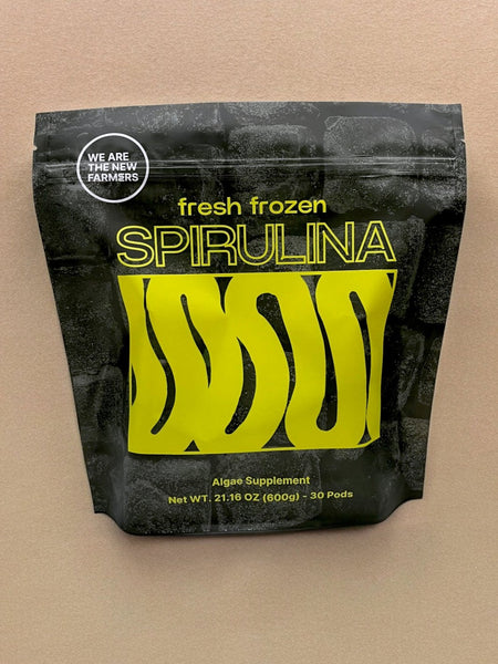 fresh frozen spirulina pods in a pouch