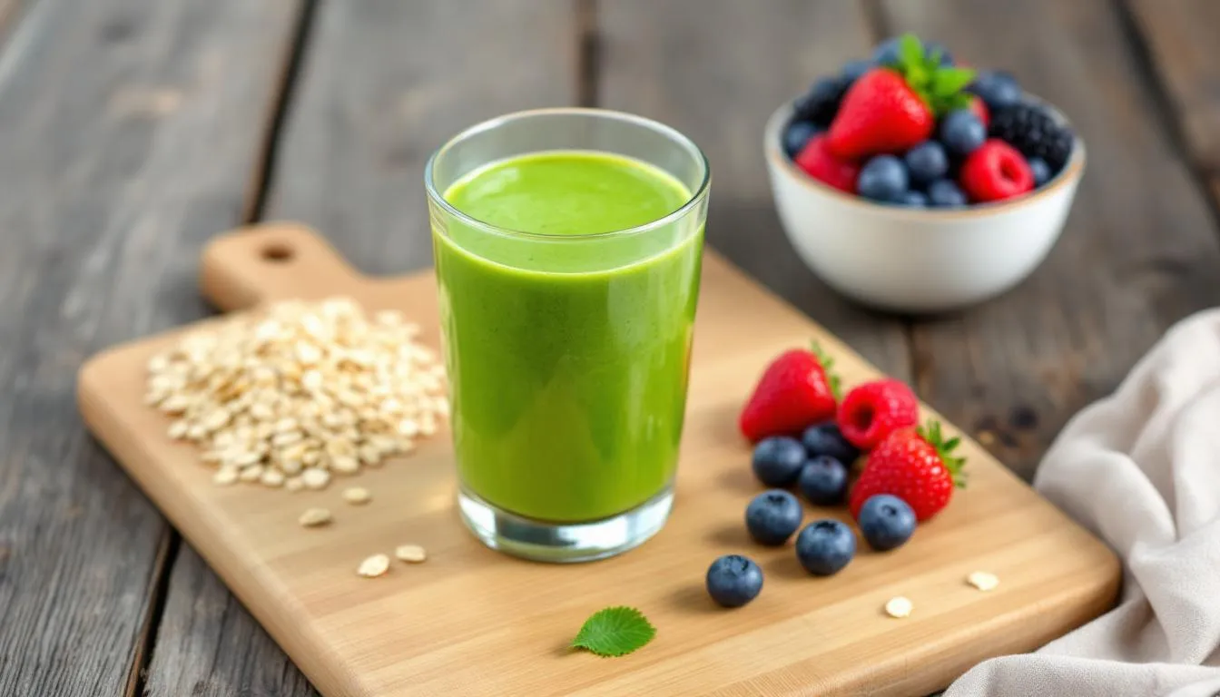 A flat-lay of fiber-rich plants, fermented foods, and spirulina that support gut health