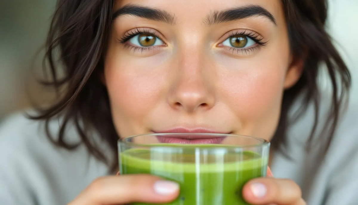 A woman drinking a kefir and spirulina smoothie, a gut-friendly drink that supports the microbiome and immune health