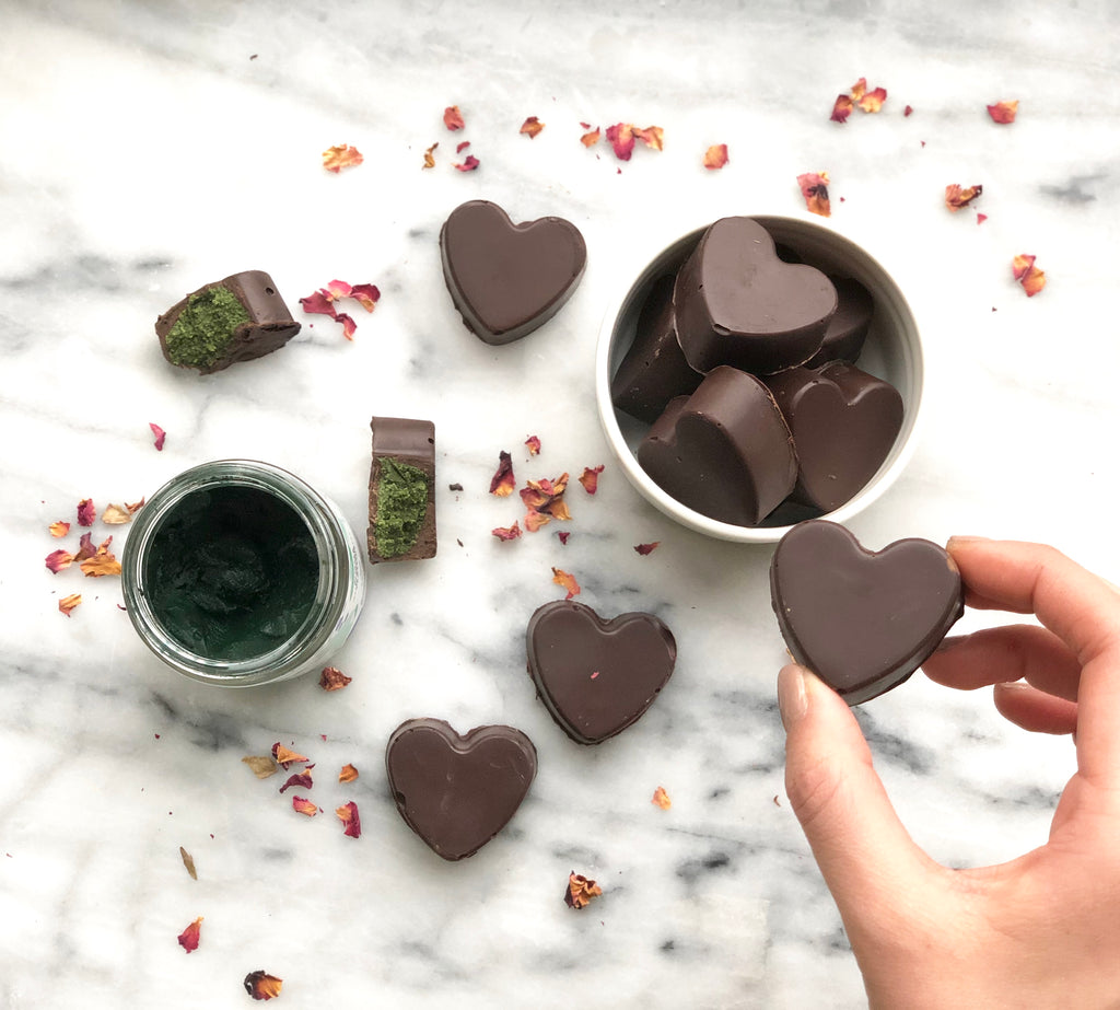 Matcha Spirulina Dark Chocolate Hearts